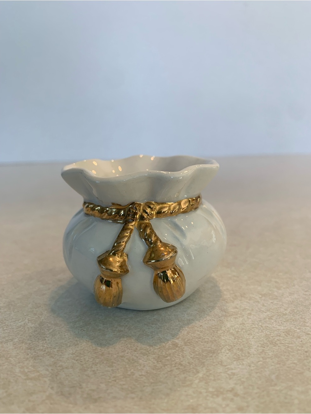 Vintage MCM Holt Howard 1960 White Ceramic Pot with Gold Tassel Trim